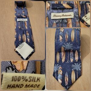 Tommy Bahama 100% Silk Tie Hawaiian Woman & Surf Board Palm Leaf Print Resort